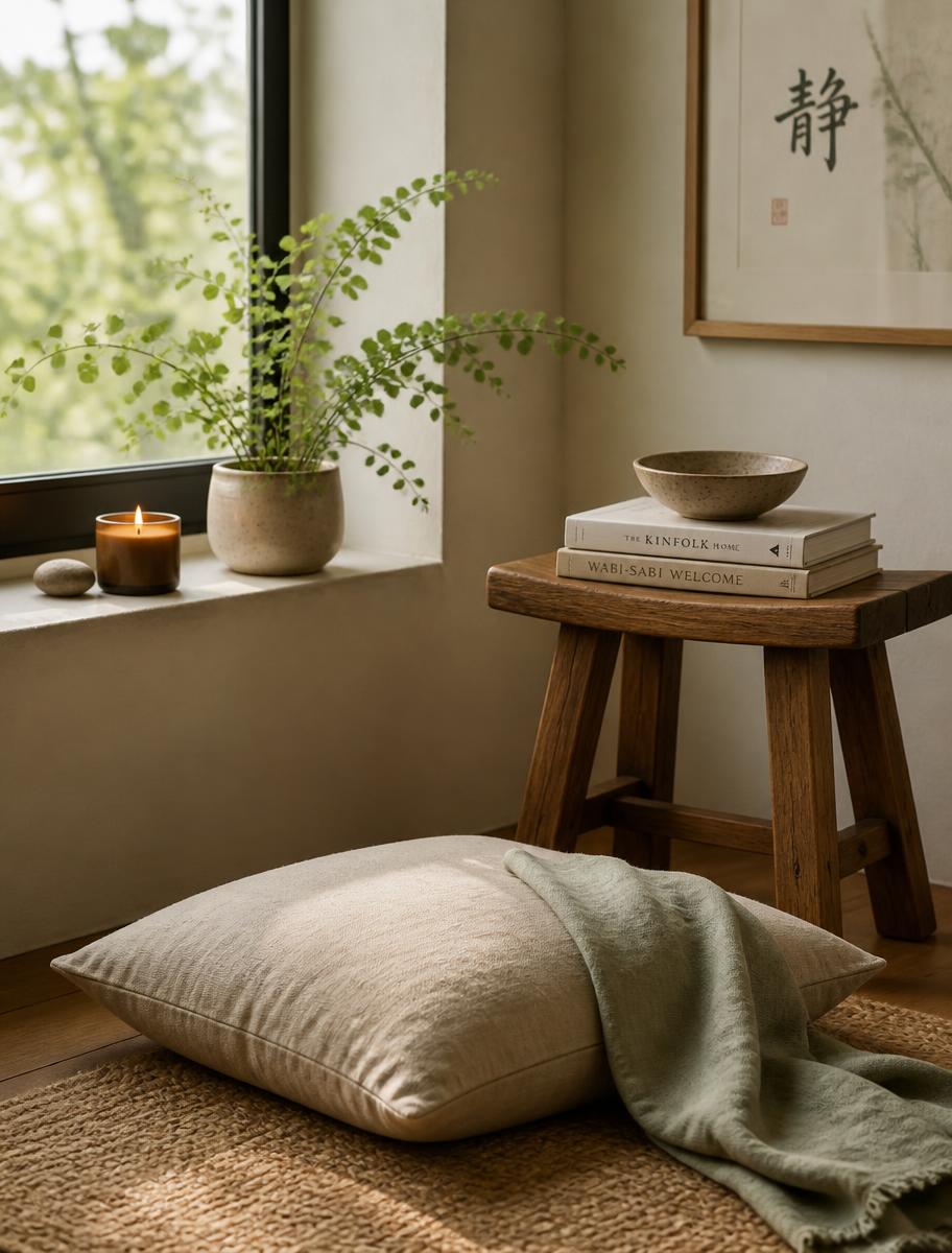A quiet meditation corner with a linen cushion, wooden stool, candle and potted fern by a window