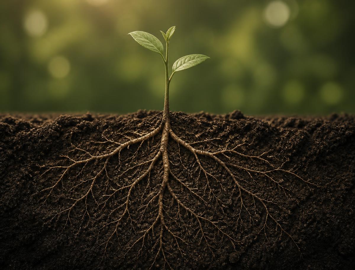 A young seedling growing above a wide network of roots in dark soil